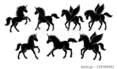 Black Solid Baby Unicorn and Pegasus Silhouettes Set of Six on White Background 138760481