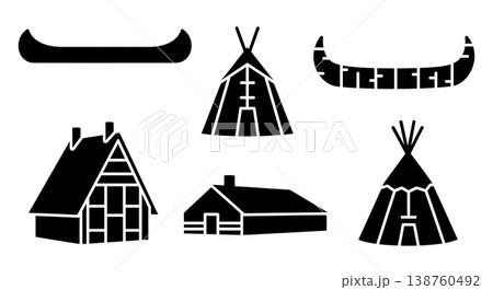 Black Solid Traditional Native American Canoes and Longhouses Silhouettes Set of Six on White Background Black Solid Traditional Native American Canoes and Longhouses Silhouettes Set of Six on White Background 138760492