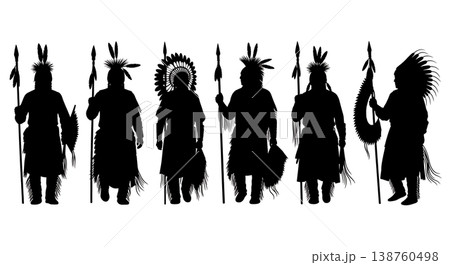 Black Solid Native American Silhouettes Set of Six on White Background Black Solid Native American Silhouettes Set of Six on White Background 138760498