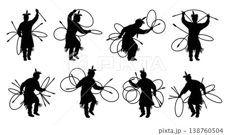 Black Solid Native American Hoop Dance Silhouettes Set of Six on White Background 138760504