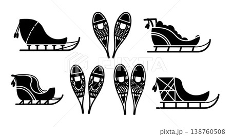 Black Solid Traditional Native American Dog Sleds and Snowshoes Silhouettes Set of Six on White Background Black Solid Traditional Native American Dog Sleds and Snowshoes Silhouettes Set of Six on White Background 138760508