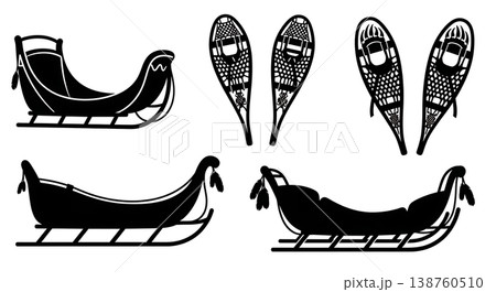 Black Solid Traditional Native American Dog Sleds and Snowshoes Silhouettes Set of Six on White Background Black Solid Traditional Native American Dog Sleds and Snowshoes Silhouettes Set of Six on White Background 138760510