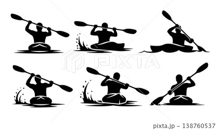 Black Solid Kayaking Strokes Silhouettes Set of Six on White Background Black Solid Kayaking Strokes Silhouettes Set of Six on White Background 138760537