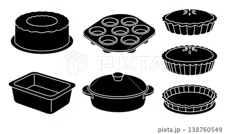Black Solid Kitchen Baking Dishes Silhouettes Set of Six on White Background 138760549