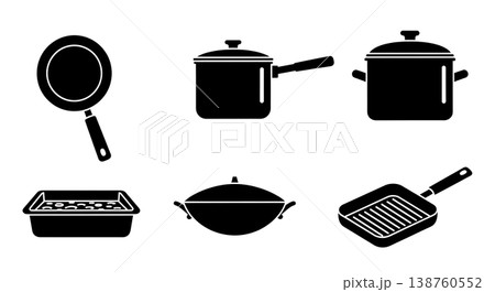 Black Solid Kitchen Cookware Silhouettes Set of Six on White Background 138760552