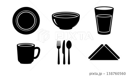 Black Solid Kitchen Dining Items Silhouettes Set of Six on White Background 138760560