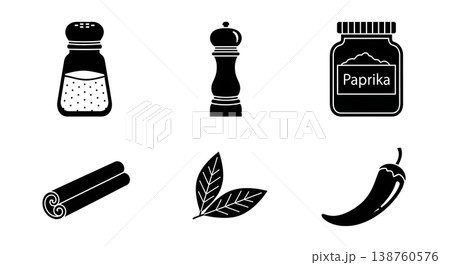 Black Solid Kitchen Spices Silhouettes Set of Six on White Background Black Solid Kitchen Spices Silhouettes Set of Six on White Background 138760576