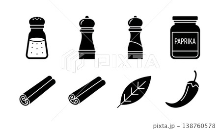 Black Solid Kitchen Spices Silhouettes Set of Six on White Background 138760578
