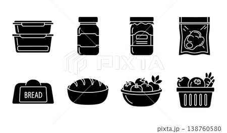 Black Solid Kitchen Storage Containers Silhouettes Set of Six on White Background 138760580