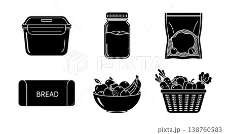 Black Solid Kitchen Storage Containers Silhouettes Set of Six on White Background Black Solid Kitchen Storage Containers Silhouettes Set of Six on White Background 138760583