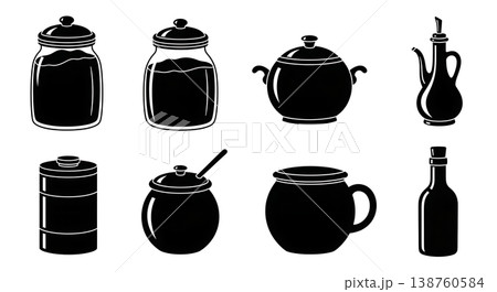 Black Solid Kitchen Storage Silhouettes Set of Six on White Background 138760584