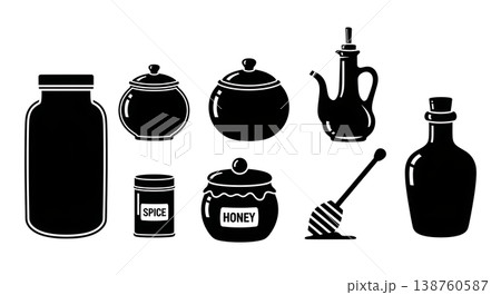 Black Solid Kitchen Storage Silhouettes Set of Six on White Background Black Solid Kitchen Storage Silhouettes Set of Six on White Background 138760587