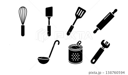 Black Solid Kitchen Utensils Silhouettes Set of Six on White Background 138760594