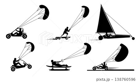 Black Solid Recreational Kite Buggying and Land Sailing Activities Silhouettes Set of Six on White Background 138760596