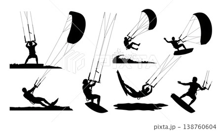 Black Solid Recreational Kitesurfing and Kiteboarding Silhouettes Set of Six on White Background Black Solid Recreational Kitesurfing and Kiteboarding Silhouettes Set of Six on White Background 138760604