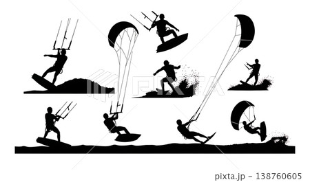 Black Solid Recreational Kitesurfing and Kiteboarding Silhouettes Set of Six on White Background Black Solid Recreational Kitesurfing and Kiteboarding Silhouettes Set of Six on White Background 138760605