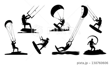 Black Solid Recreational Kitesurfing and Kiteboarding Silhouettes Set of Six on White Background 138760606