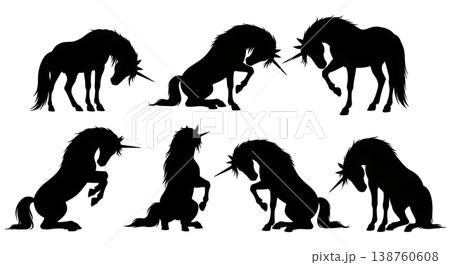 Black Solid Kneeling Unicorn Silhouettes Set of Six on White Background 138760608
