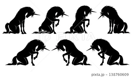 Black Solid Kneeling Unicorn Silhouettes Set of Six on White Background 138760609