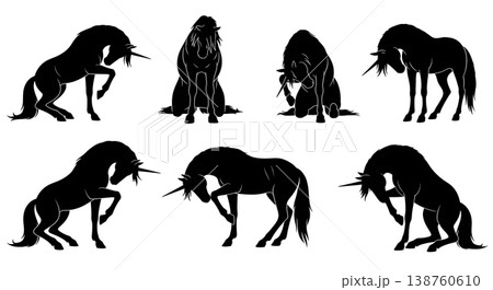 Black Solid Kneeling Unicorn Silhouettes Set of Six on White Background 138760610