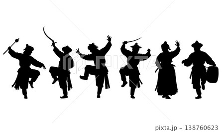 Black Solid Korean Mask Dance Silhouettes Set of Six on White Background 138760623