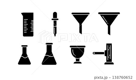 Black Solid Laboratory Glassware Silhouettes Set of Six on White Background Black Solid Laboratory Glassware Silhouettes Set of Six on White Background 138760652