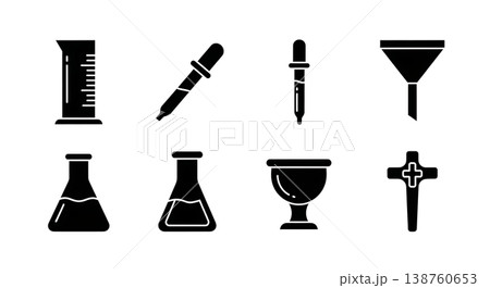 Black Solid Laboratory Glassware Silhouettes Set of Six on White Background Black Solid Laboratory Glassware Silhouettes Set of Six on White Background 138760653
