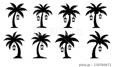 Black Solid Lantern Lit Palm Tree Silhouettes Set of Six on White Background Black Solid Lantern Lit Palm Tree Silhouettes Set of Six on White Background 138760671