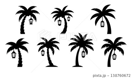 Black Solid Lantern Lit Palm Tree Silhouettes Set of Six on White Background Black Solid Lantern Lit Palm Tree Silhouettes Set of Six on White Background 138760672