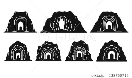 Black Solid Lava Tube Mountain Tunnel Silhouettes Set of Six on White Background Black Solid Lava Tube Mountain Tunnel Silhouettes Set of Six on White Background 138760712