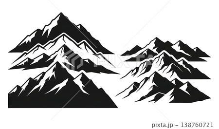 Black Solid Layered Mountain Range Silhouettes Set of Six on White Background Black Solid Layered Mountain Range Silhouettes Set of Six on White Background 138760721