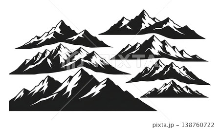Black Solid Layered Mountain Range Silhouettes Set of Six on White Background Black Solid Layered Mountain Range Silhouettes Set of Six on White Background 138760722