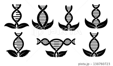 Black Solid Leaf DNA Helix Silhouettes Set of Six on White Background Black Solid Leaf DNA Helix Silhouettes Set of Six on White Background 138760723