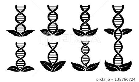 Black Solid Leaf DNA Helix Silhouettes Set of Six on White Background Black Solid Leaf DNA Helix Silhouettes Set of Six on White Background 138760724