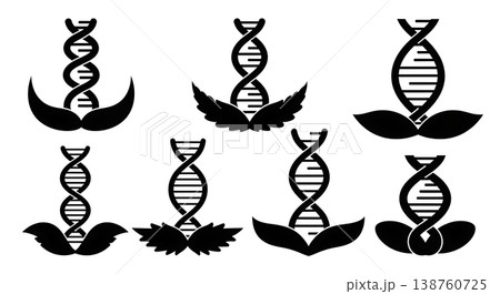 Black Solid Leaf DNA Helix Silhouettes Set of Six on White Background Black Solid Leaf DNA Helix Silhouettes Set of Six on White Background 138760725