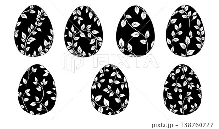 Black Solid Plant Vine Leaf Pattern Egg Silhouettes Set of Six on White Background Black Solid Plant Vine Leaf Pattern Egg Silhouettes Set of Six on White Background 138760727