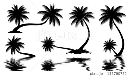 Black Solid Leaning Palm Water Reflection Set of Six on White Background Black Solid Leaning Palm Water Reflection Set of Six on White Background 138760752