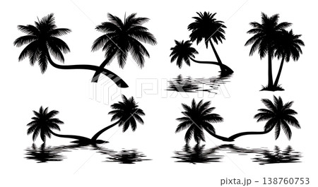 Black Solid Leaning Palm Water Reflection Set of Six on White Background 138760753