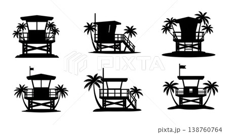 Black Solid Lifeguard Tower Palm Silhouettes Set of Six on White Background Black Solid Lifeguard Tower Palm Silhouettes Set of Six on White Background 138760764