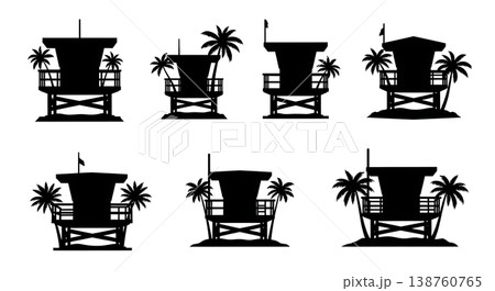 Black Solid Lifeguard Tower Palm Silhouettes Set of Six on White Background Black Solid Lifeguard Tower Palm Silhouettes Set of Six on White Background 138760765