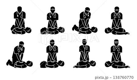Black Solid CPR Silhouettes Set of Six on White Background 138760770
