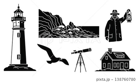 Black Solid Historical Lighthouse Silhouettes Set of Six on White Background Black Solid Historical Lighthouse Silhouettes Set of Six on White Background 138760780