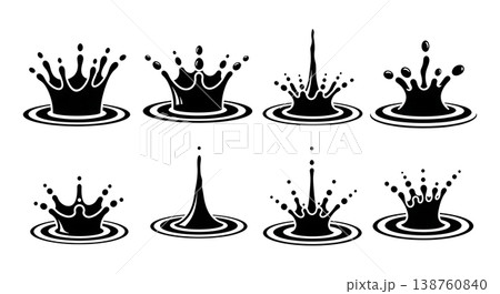 Black Solid Liquid Splash Silhouettes Set of Six on White Background 138760840