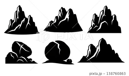 Black Solid Lone Mountain Boulder Silhouettes Set of Six on White Background Black Solid Lone Mountain Boulder Silhouettes Set of Six on White Background 138760863