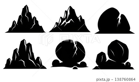 Black Solid Lone Mountain Boulder Silhouettes Set of Six on White Background Black Solid Lone Mountain Boulder Silhouettes Set of Six on White Background 138760864