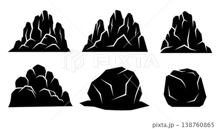 Black Solid Lone Mountain Boulder Silhouettes Set of Six on White Background Black Solid Lone Mountain Boulder Silhouettes Set of Six on White Background 138760865