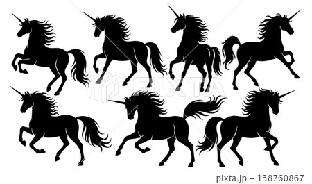 Black Solid Artistic Unicorn Silhouettes Set of Six on White Background Black Solid Artistic Unicorn Silhouettes Set of Six on White Background 138760867