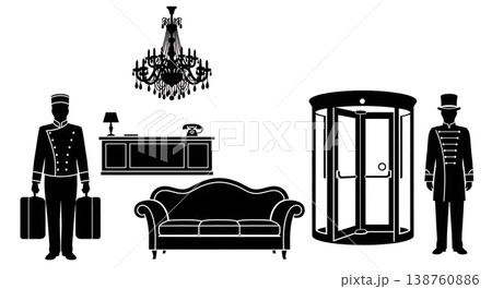 Black Solid 1920s Hotel Lobby Silhouettes Set of Six on White Background Black Solid 1920s Hotel Lobby Silhouettes Set of Six on White Background 138760886