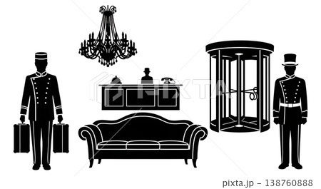 Black Solid 1920s Hotel Lobby Silhouettes Set of Six on White Background Black Solid 1920s Hotel Lobby Silhouettes Set of Six on White Background 138760888