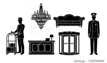 Black Solid 1920s Hotel Lobby Silhouettes Set of Six on White Background 138760889